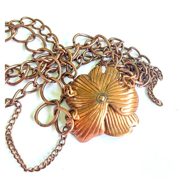 Copper Tone Asymmetric Flower and Chain Necklace - Picture 3 of 8